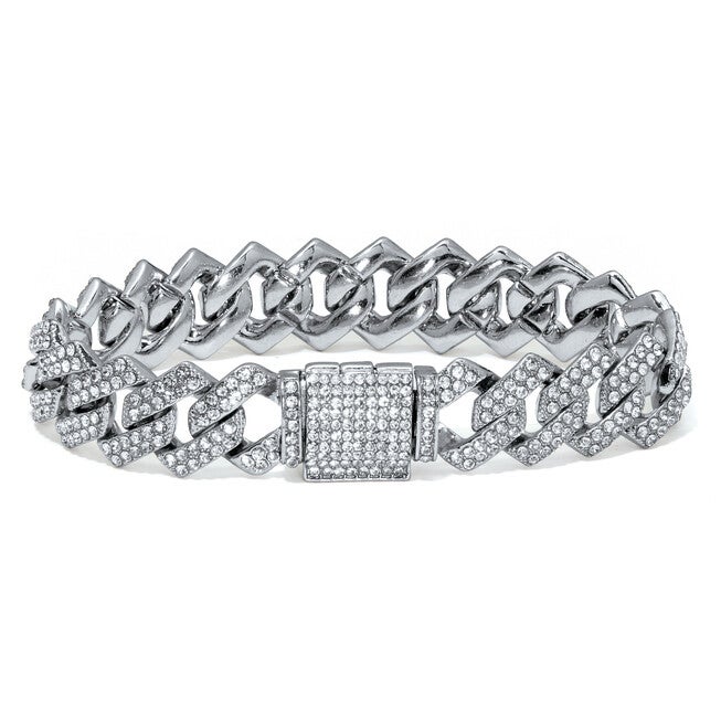 Round Crystal Silvertone Link Bracelet 9-inch, WHITE, hi-res image number null