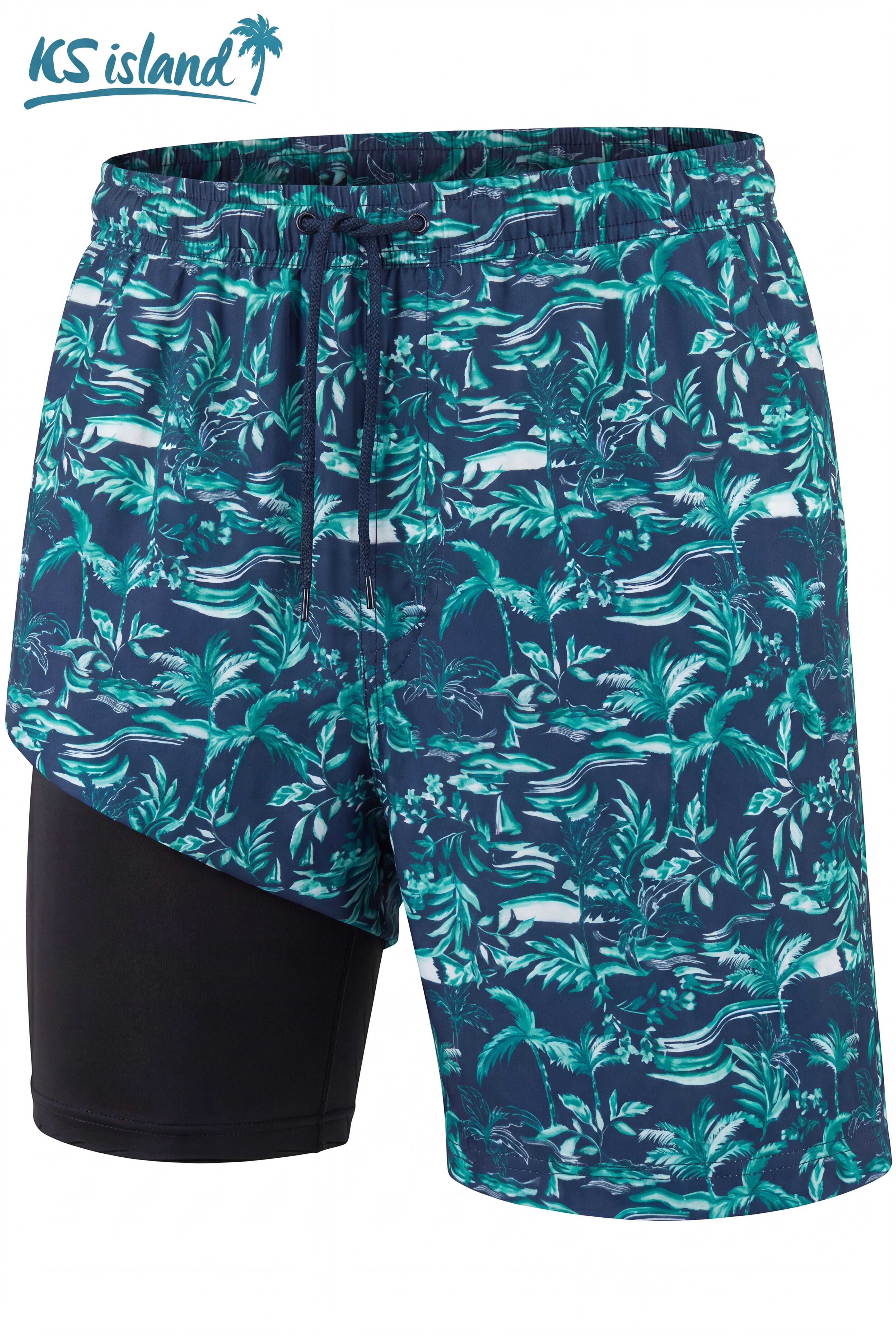 8 inches Swim Trunks with Super Stretch Liner, NAVY PALMS, alternate image number 3