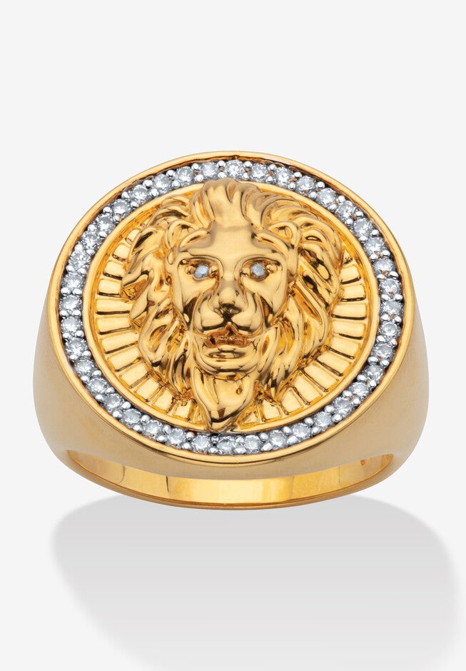 Unisex Yellow Gold-Plated Round Cubic Zirconia Lion Head Ring (3/8 Cttw Tdw), GOLD, hi-res image number null