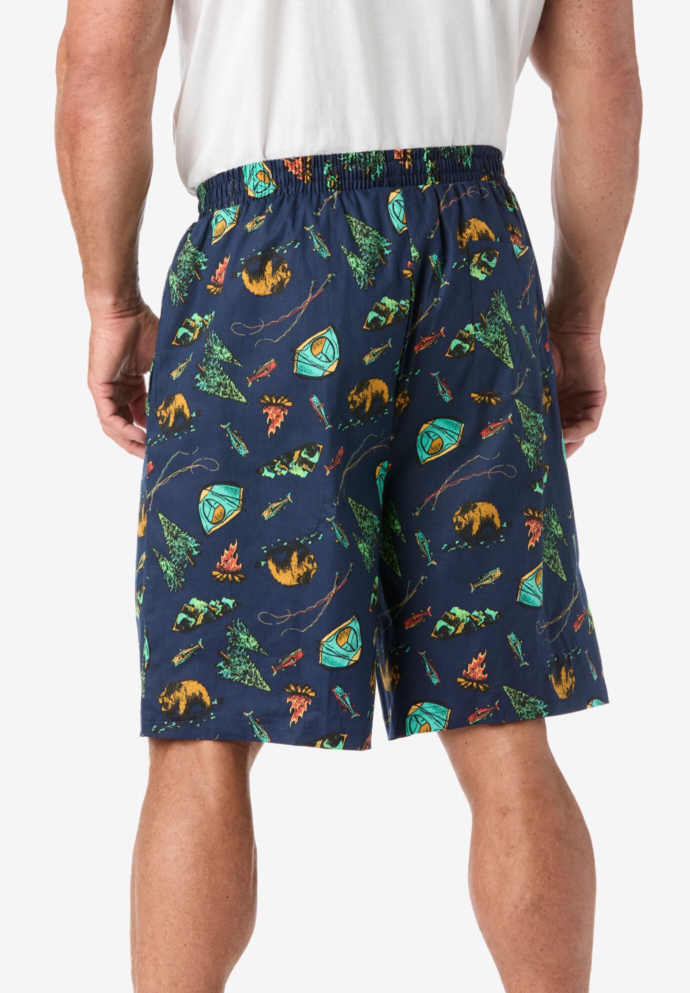Full-elastic waist woven sleep shorts, NAVY CAMPING, on-hover image number 1