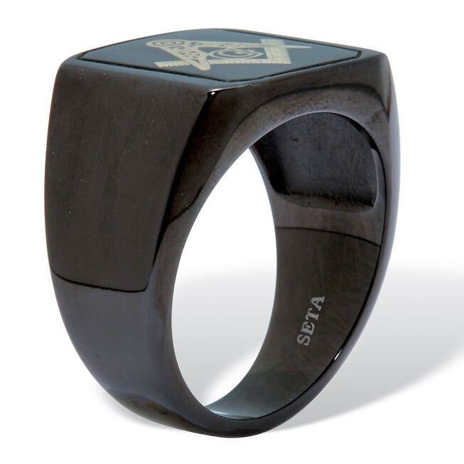 Men's Black Stainless Steel Masonic Ring, BLACK, on-hover image number null
