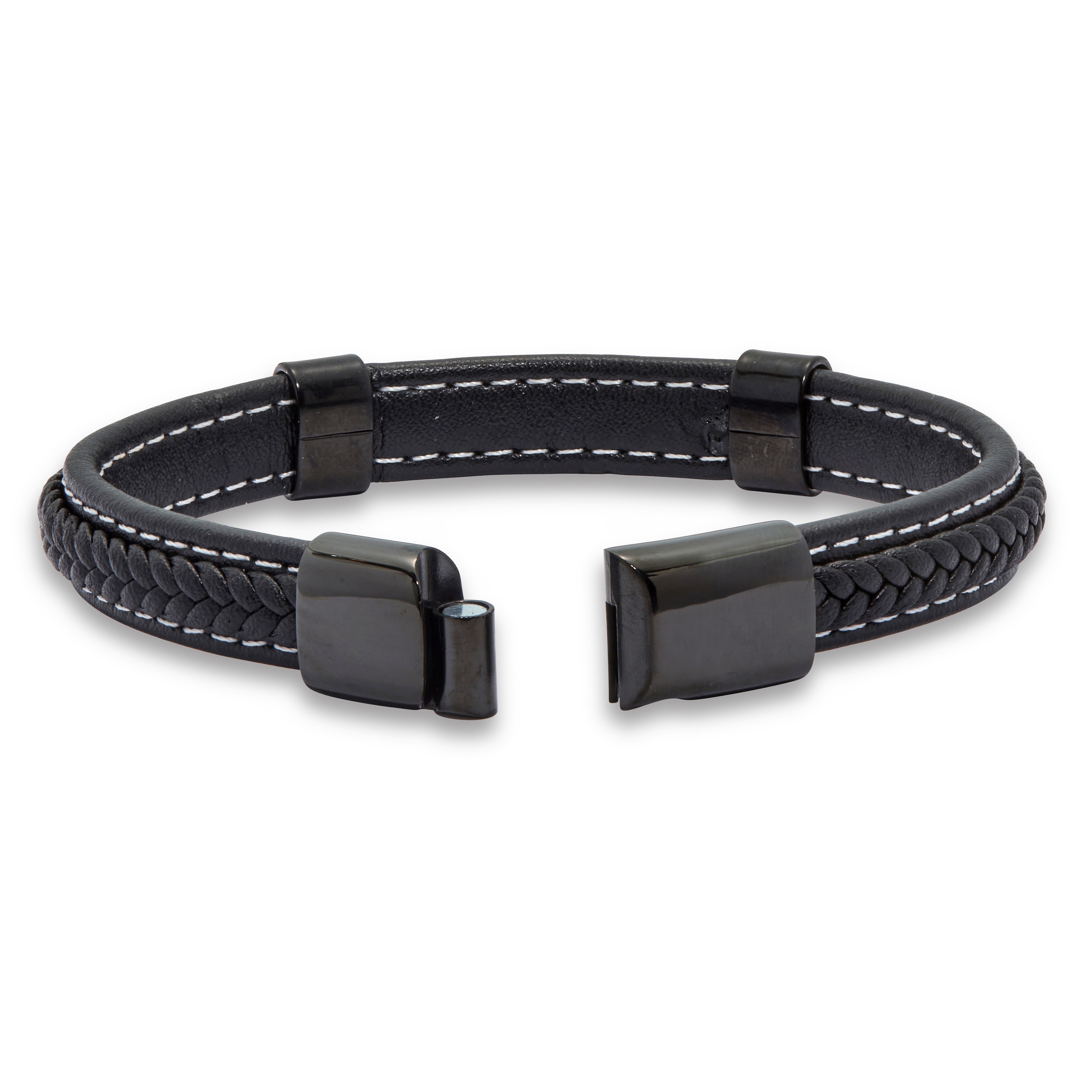 Men's Genuine Blue Lapis Black Ruthenium-Plated Braided Leather Bracelet 9-inch, BLUE, on-hover image number 1