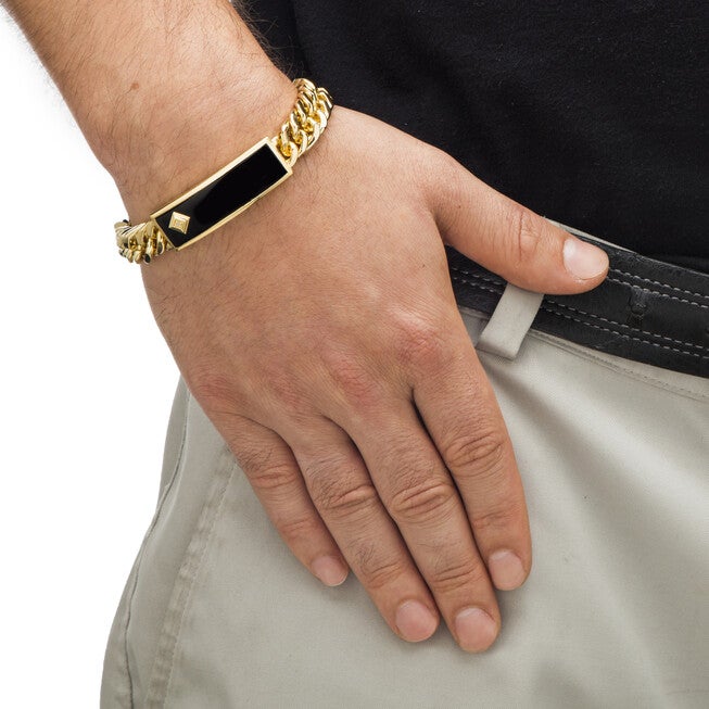 Men's Genuine Onyx and Diamond Accent Gold-Plated Curb-Link Bracelet 8 inches, BLACK, alternate image number 2