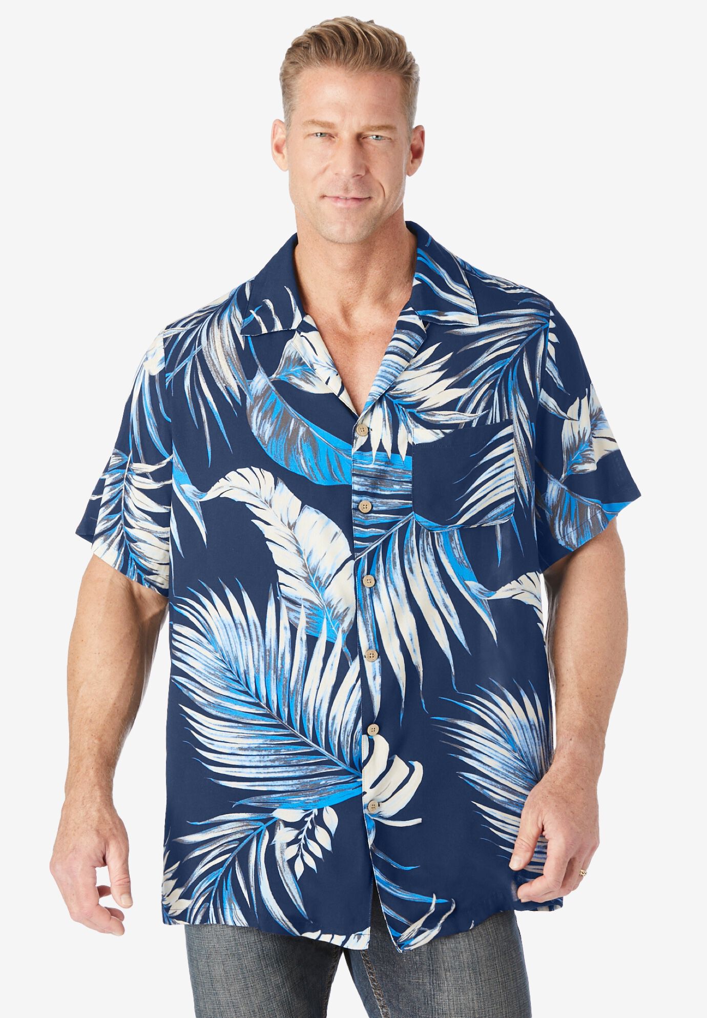 Printed Camp Shirt, NAVY PALM, alternate image number 4