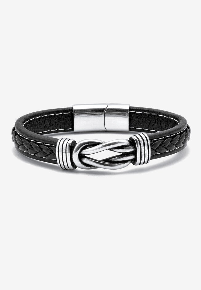 Men'S Stainless Steel Leather Cuff Bracelet 9-Inch, SILVER, hi-res image number null