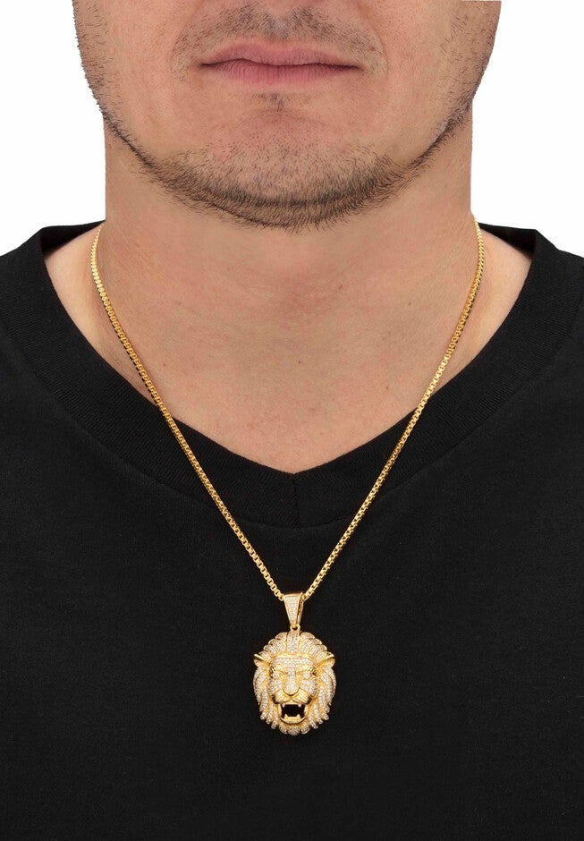 Gold-Plated Lion Head Pendant with Cubic Zirconia accents with 22 inches Chain, , alternate image number null