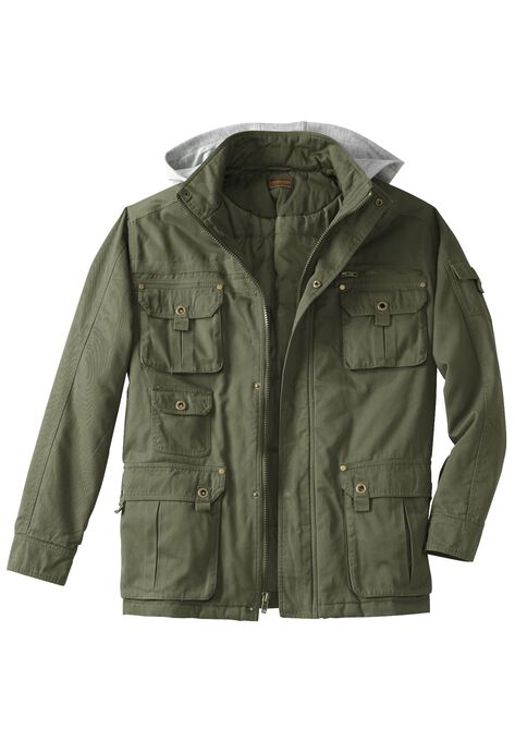 Multi-Pocket Twill Jacket with Removable Hood, OLIVE, hi-res image number null