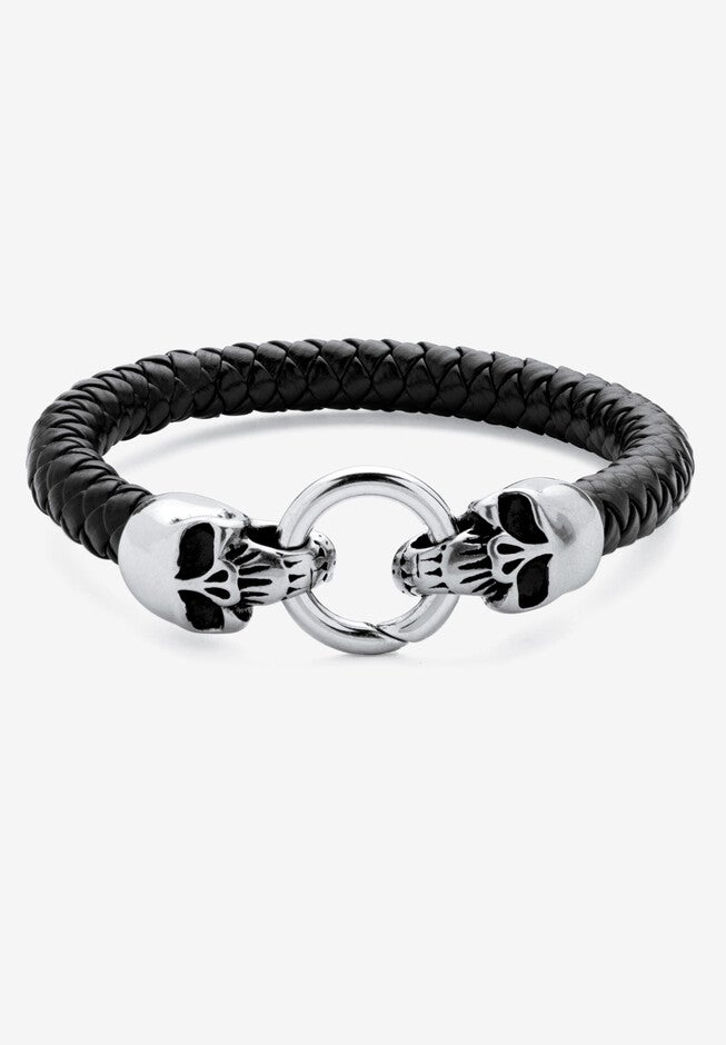 Stainless Steel Double Skull Bangle Bracelet 9 inches, STAINLESS STEEL, hi-res image number 0