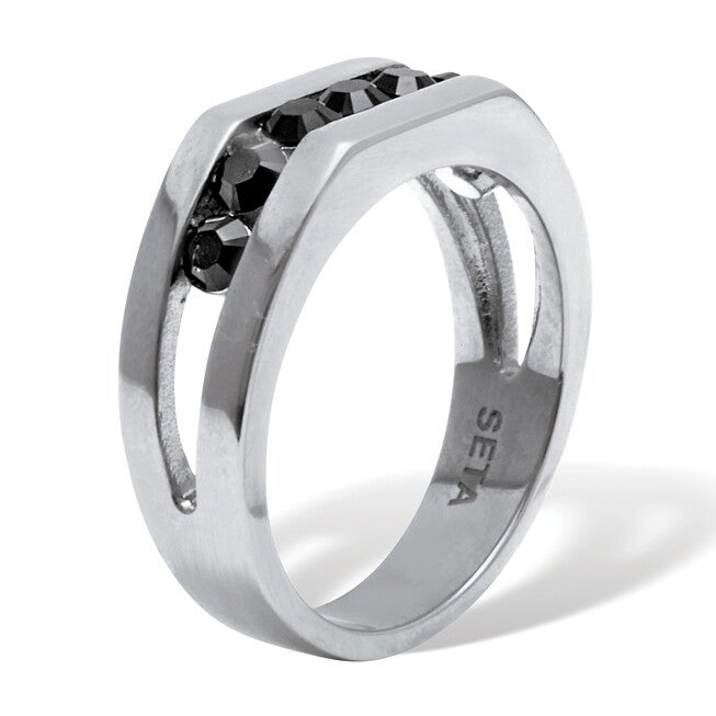 Men's Round Black Crystal Stainless Steel Ring, BLACK, on-hover image number null