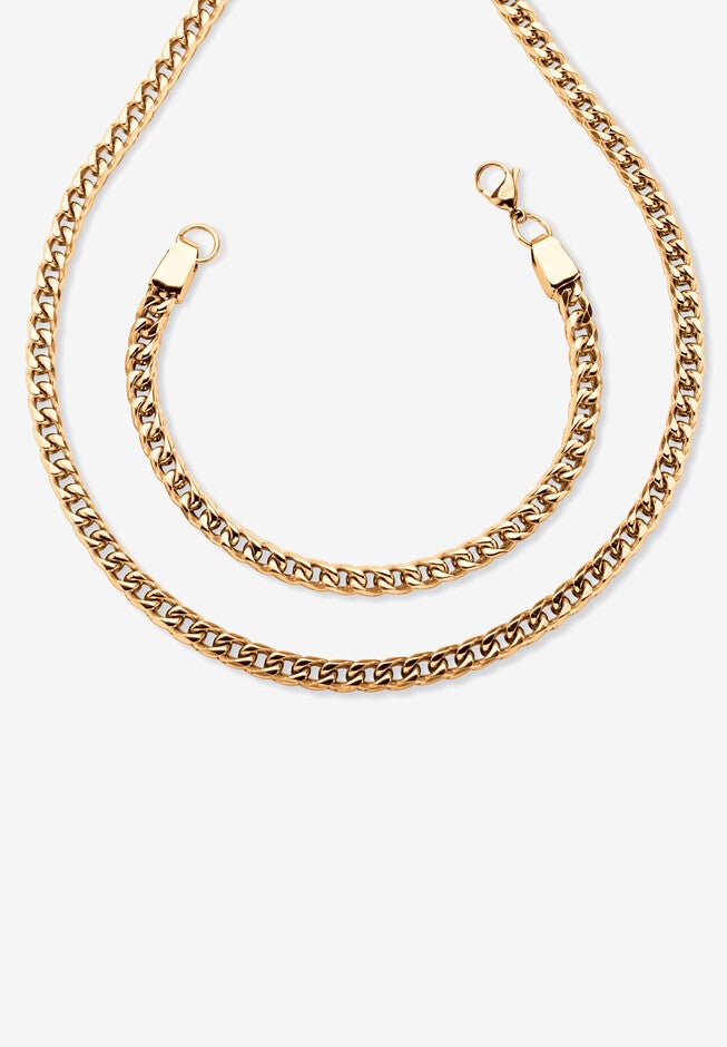 Gold Ion-Plated Stainless Steel Curb-Link 24 inches Chain and 9 inches Bracelet Set, STAINLESS STEEL, hi-res image number null