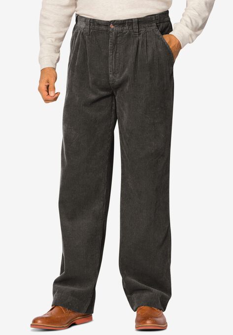 Expandable Waist Corduroy Pleat-Front Pants, CHARCOAL OLIVE, hi-res image number null