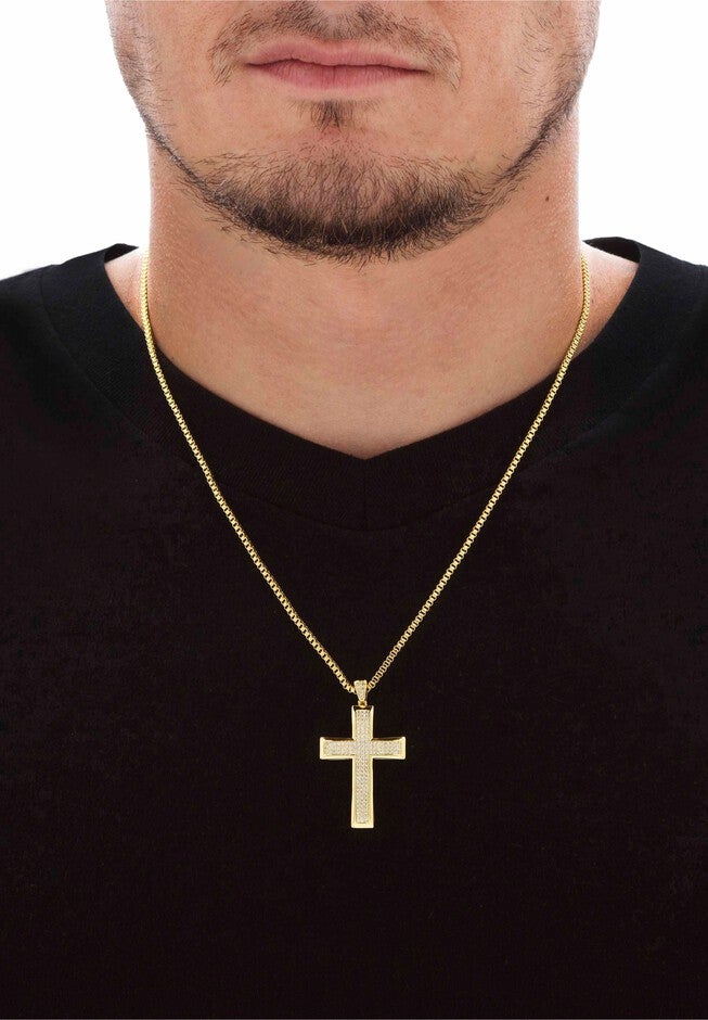 Yellow Gold Plated Cubic Zirconia Studded Cross Pendant with 24 inches Chain, , alternate image number null