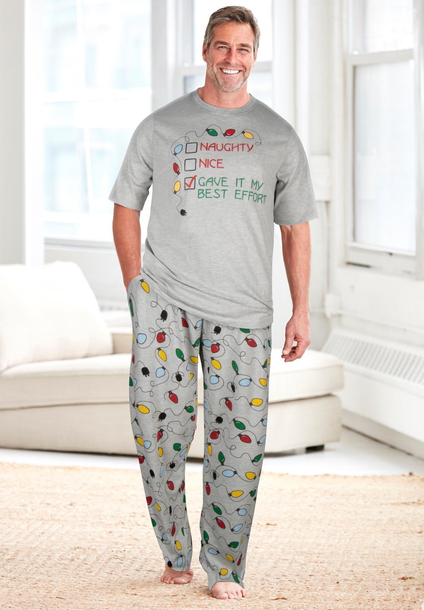 Lightweight Cotton Novelty PJ Set, NAUGHTY NICE LIGHTS, hi-res image number 0