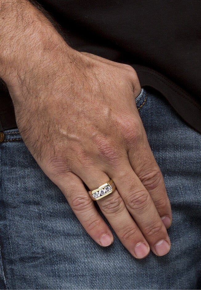 Men's Yellow Gold Plated Cubic Zirconia Two Tone 3 Stone Ring, , alternate image number null