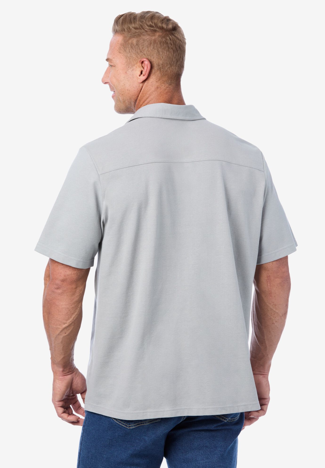 Lightweight Stretch Mesh Piqu&eacute; Button Down Shirt, STONE GREY, on-hover image number 1