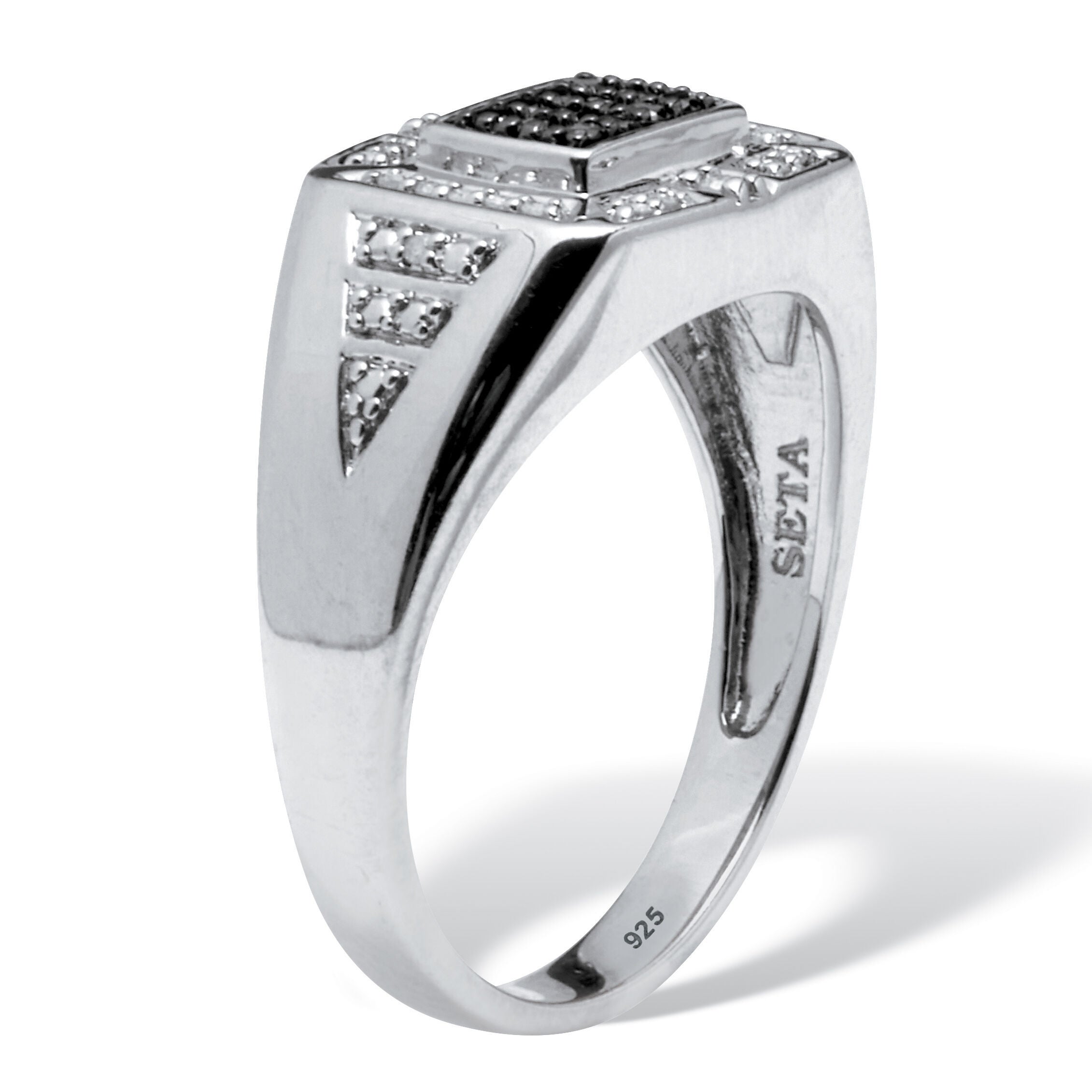 Men's .2 TCW Platinum Over Sterling Silver Black and White Diamond Square Ring, BLACK, on-hover image number 1