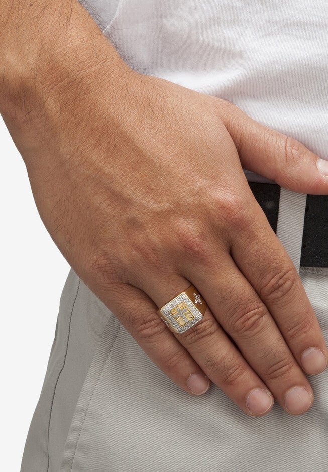 Men'S Gold Over Sterling Silver Diamond Accent Cross Ring (1/10 Cttw), , alternate image number 2