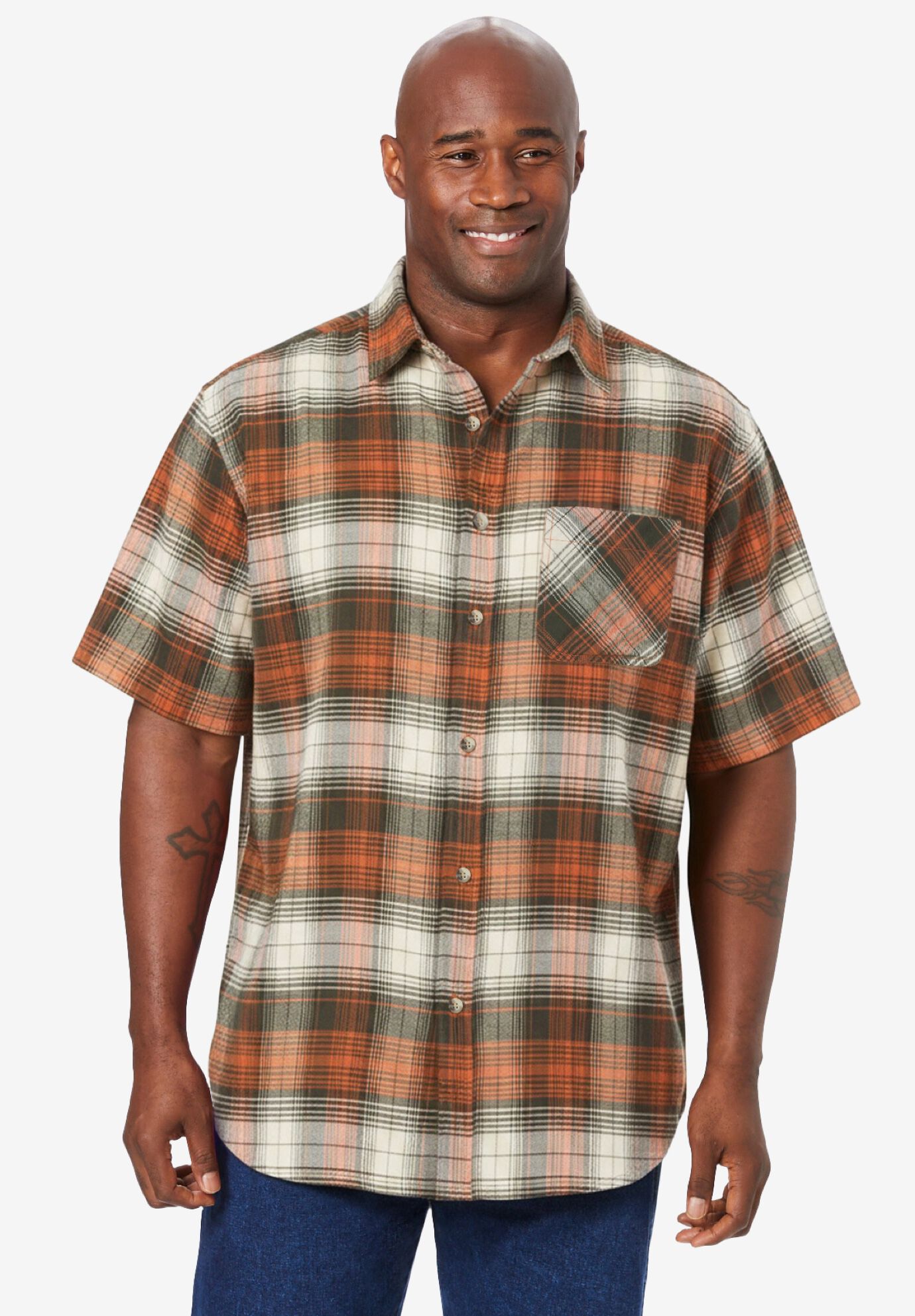  Short Sleeve Flannel Shirt, BRIGHT ORANGE PLAID, on-hover image number 1