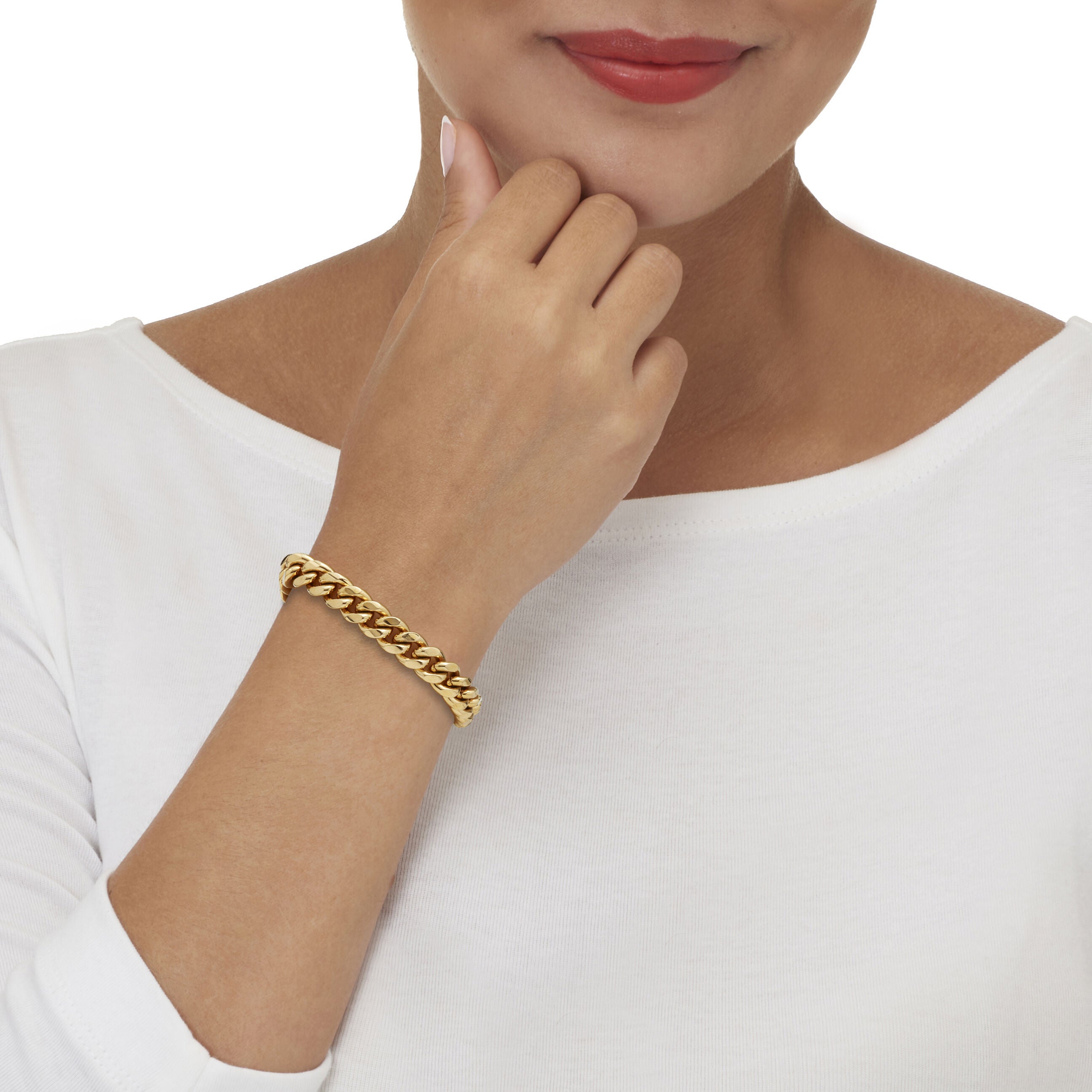 Yellow Gold Ion-Plated Stainless Steel Round Crystal Curb Link Bracelet 9.5-inch, WHITE, alternate image number 2