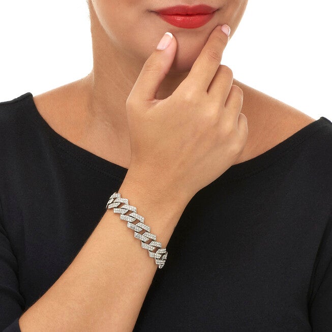 Round Crystal Silvertone Link Bracelet 9-inch, WHITE, alternate image number null