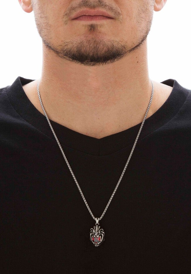Square-Cut Red Cubic Zirconia Tribal Lion Pendant Necklace In Antiqued Stainless Steel 24 inches Chain, , alternate image number null