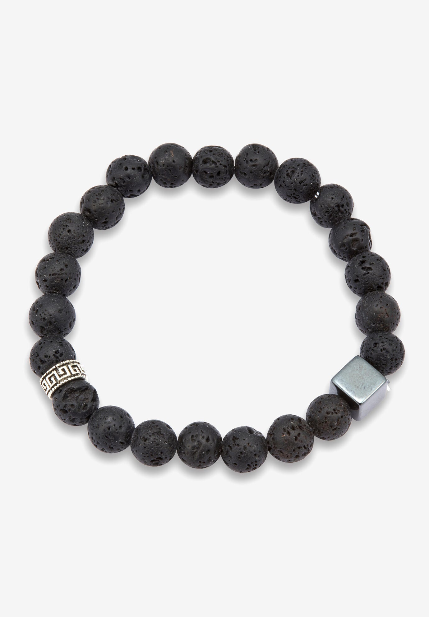 Men'S Round Black Lava And Hematite Silvertone Stretch Bracelet 9-Inch Length, , on-hover image number 1