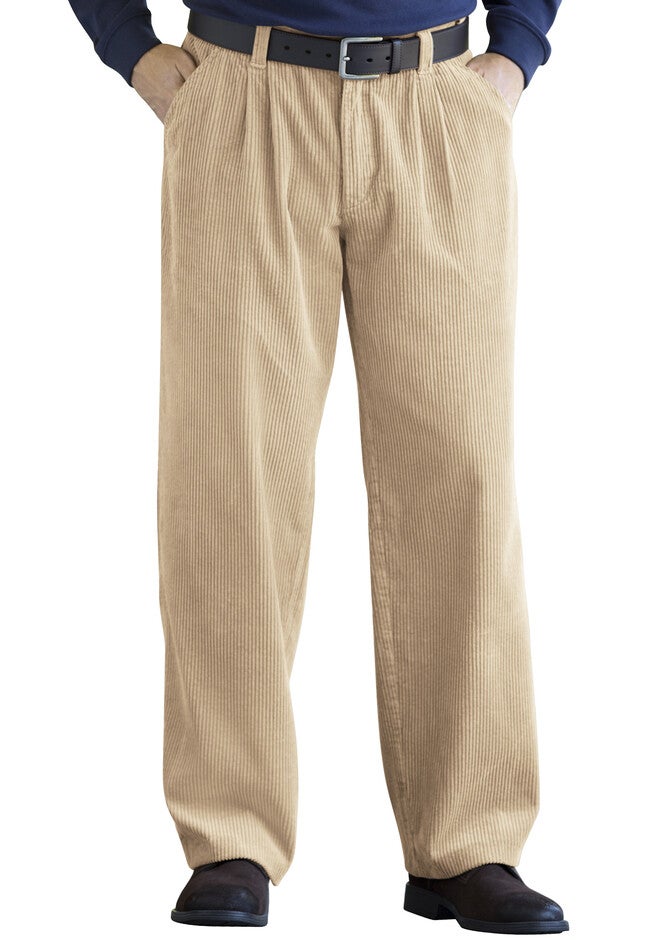 Expandable Waist Corduroy Pleat-Front Pants, KHAKI, hi-res image number null