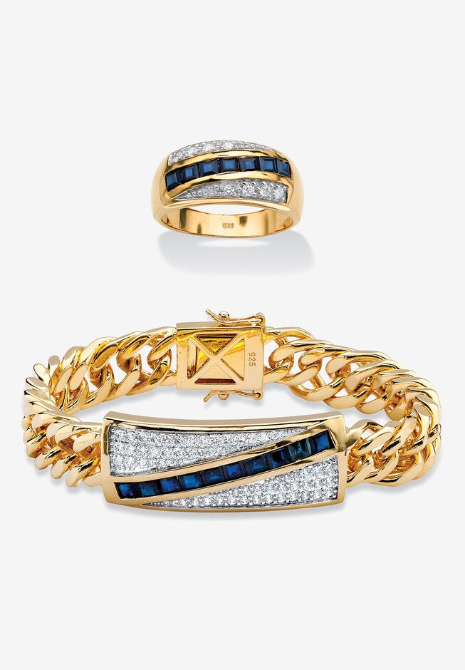 Men's Yellow Gold over Sterling Silver Square Sapphire and Round Ring Cubic Zirconia (7 5/8 cttw), SAPPHIRE CUBIC ZIRCONIA, hi-res image number null
