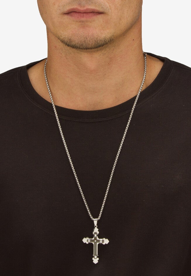 Men'S Stainless Steel Gothic Wrapped Double Cross Pendant (33Mm) Round Crystal With 24 Inch Chain, , alternate image number 2