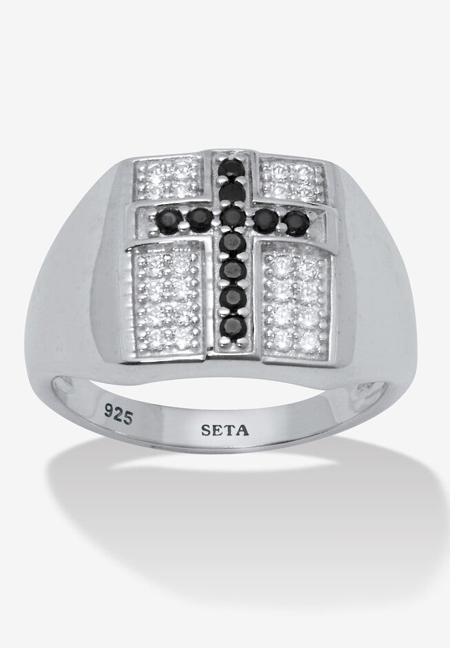 .22 Tcw Men'S Round Black Spinel And Cz Sterling Silver Cross Ring, BLACK SILVER, hi-res image number null