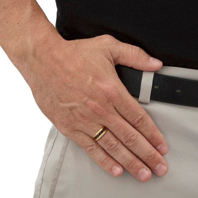 Men's Round Black Crystal Yellow Gold Ion-Plated Stainless Steel Ring, BLACK, alternate image number null
