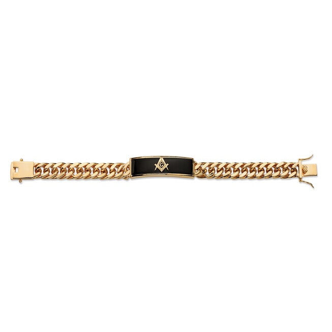 Men's Genuine Onyx Masonic Gold-Plated Insignia Curb-Link Bracelet 8 inches, BLACK, alternate image number 3