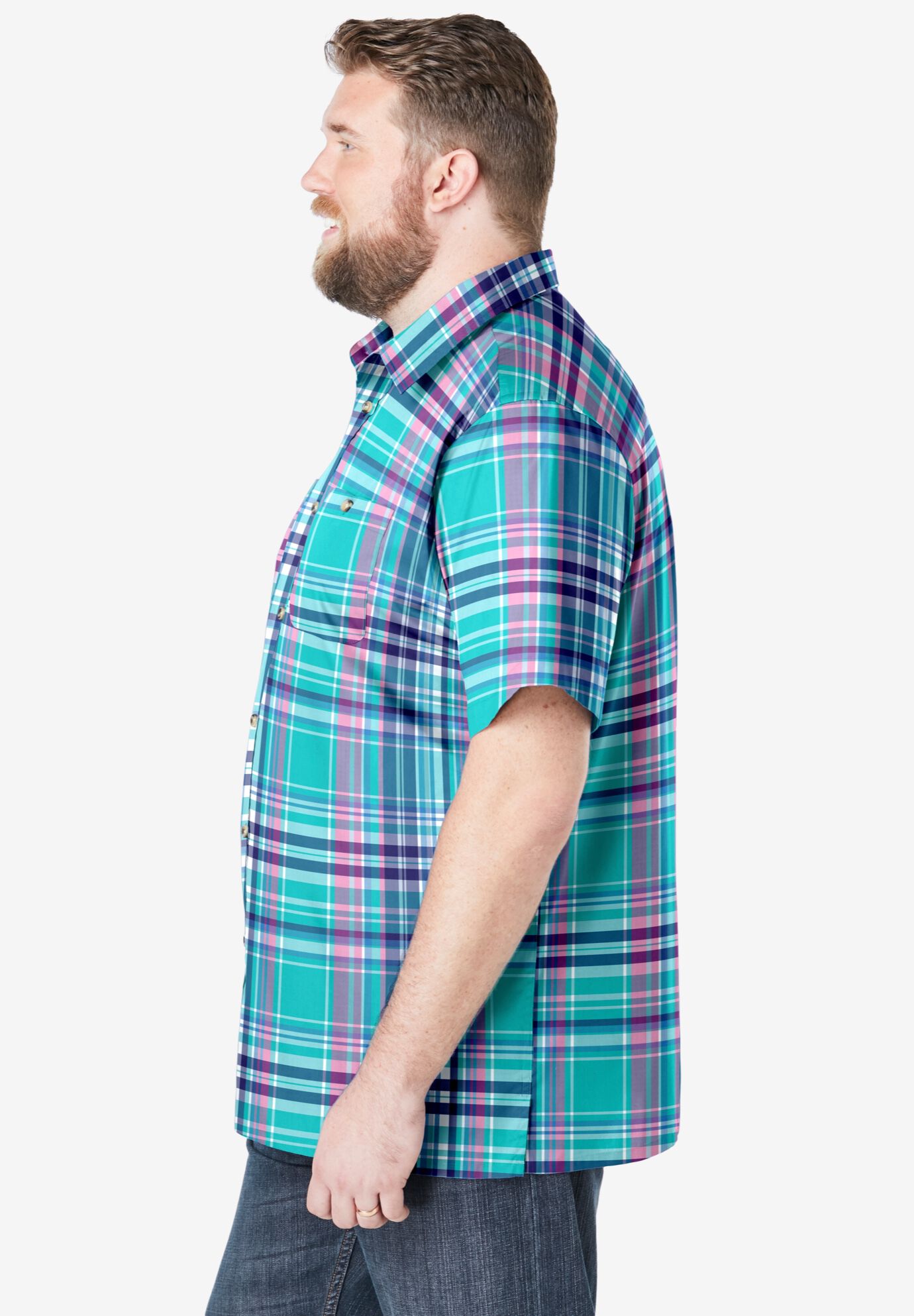 Plaid Wrinkle-Resistant Short Sleeve Button Down, TIDAL GREEN MADRAS, alternate image number 2