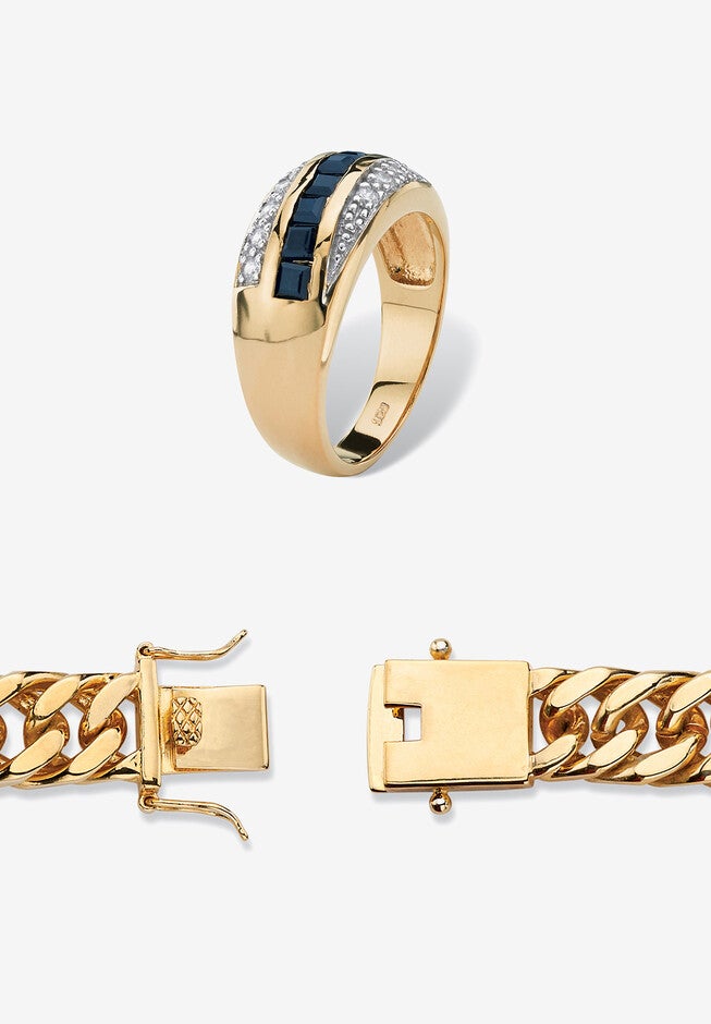 Men's Yellow Gold over Sterling Silver Square Sapphire and Round Ring Cubic Zirconia (7 5/8 cttw), , on-hover image number null