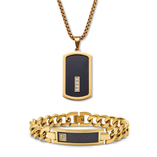 Men's Crystal Gold Ion-Plated Stainless Steel Dog Tag Necklace Set 26 Inch, WHITE, hi-res image number 0