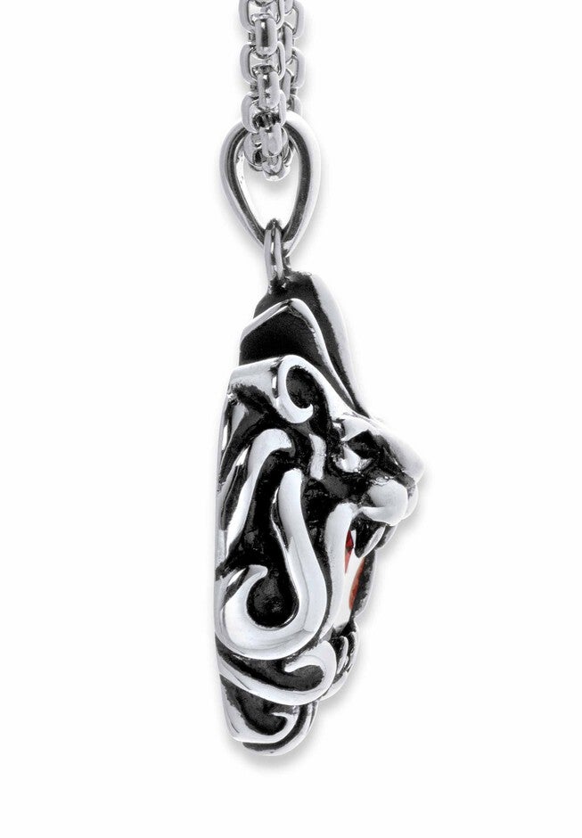 Square-Cut Red Cubic Zirconia Tribal Lion Pendant Necklace In Antiqued Stainless Steel 24 inches Chain, , on-hover image number null