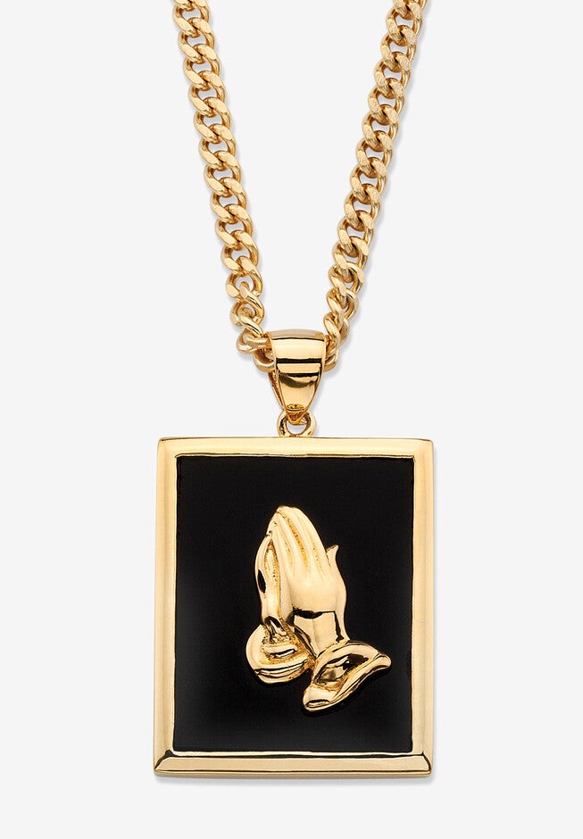 Men'S Genuine Black Onyx Gold-Plated Praying Hands Pendant Necklace 22 inches, ONYX, hi-res image number 0
