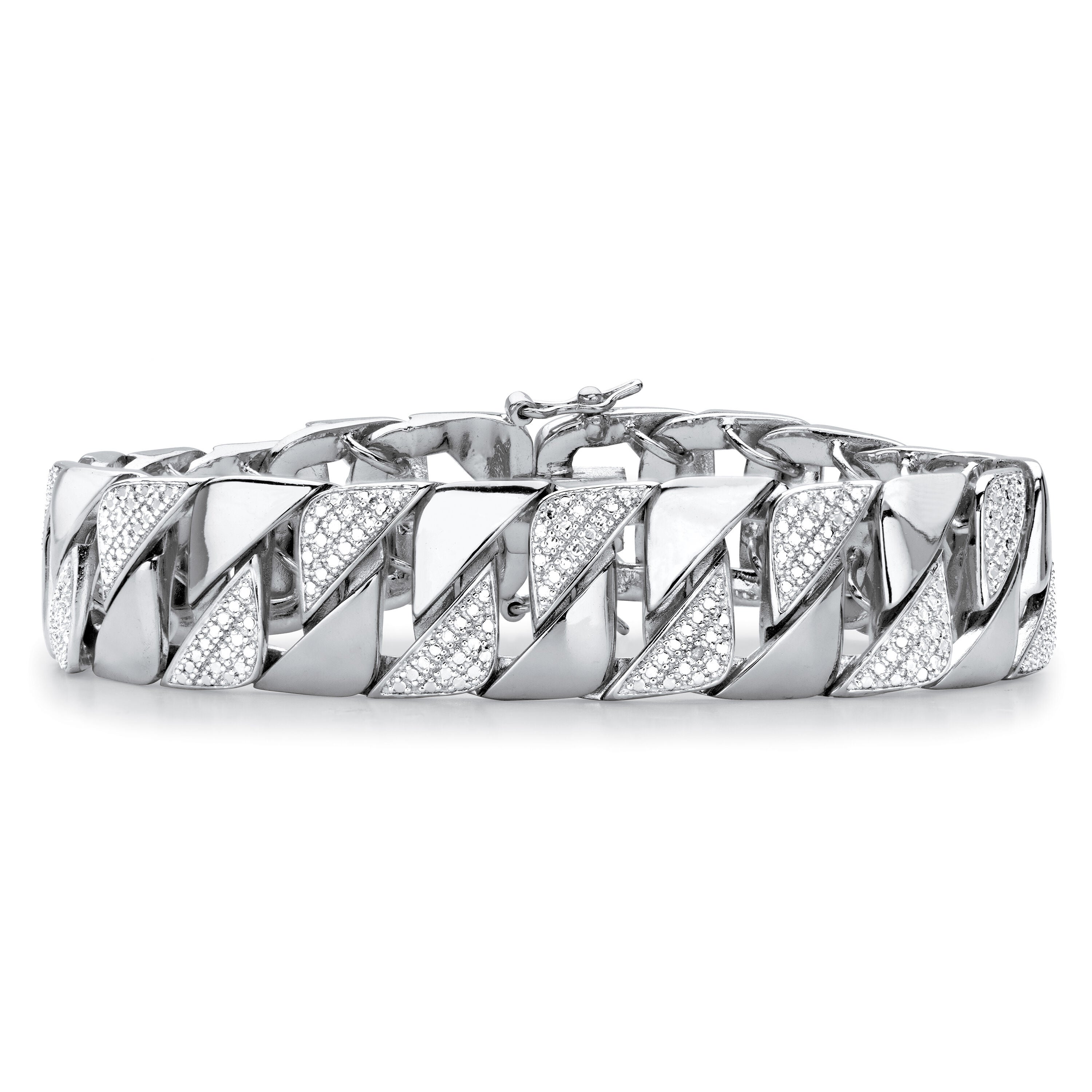 Men's Diamond Accent Silvertone Interlocking-Link Bracelet 8.5 inches, WHITE, hi-res image number 0