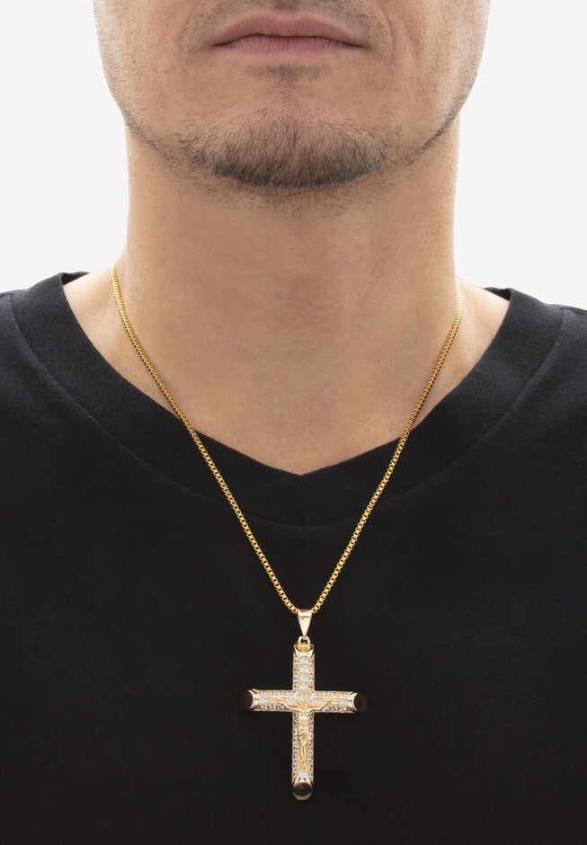Men'S Goldtone Round Crystal Cross Pendant (45Mm) With 24 Inch Chain, , alternate image number null