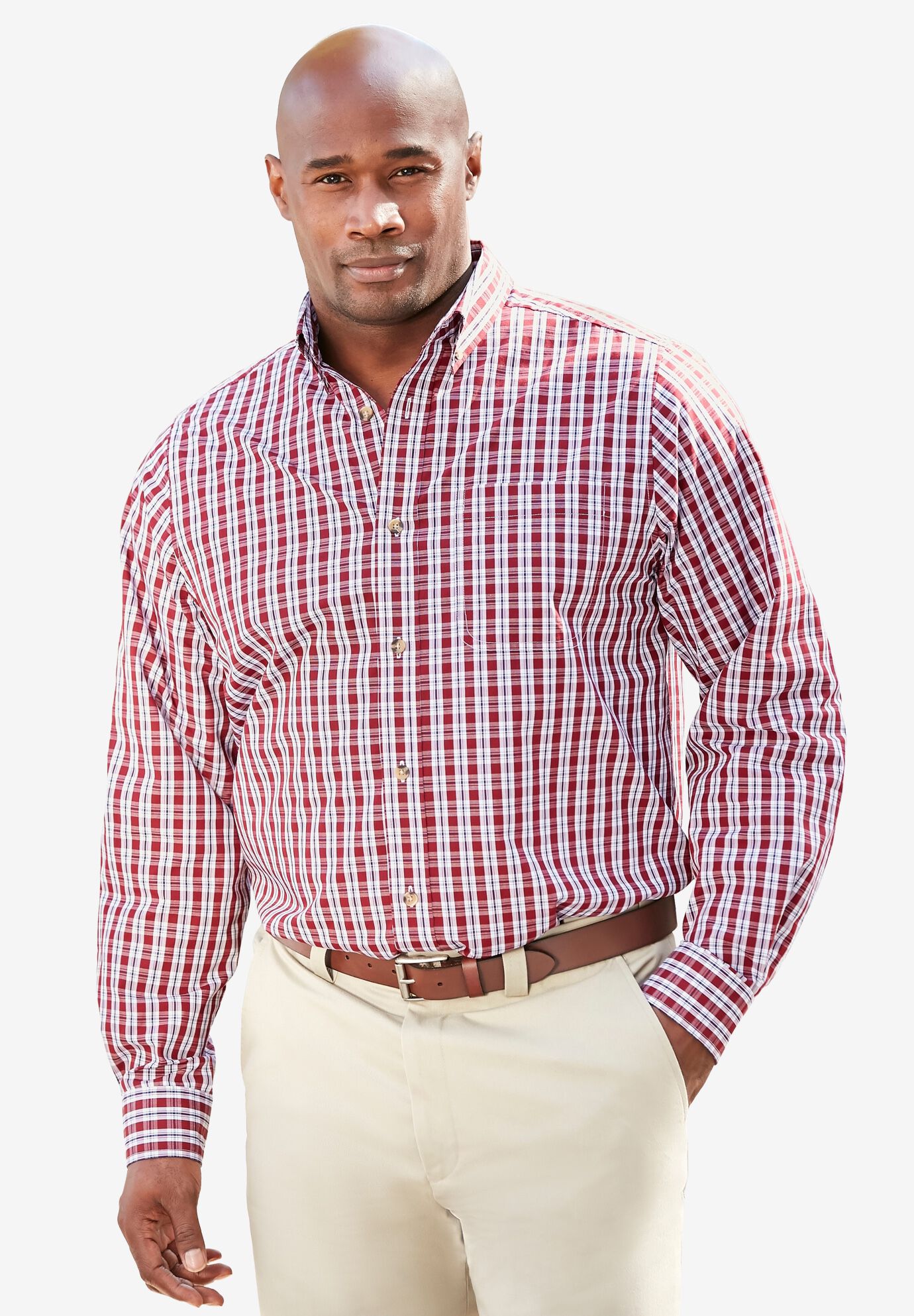Long Sleeve Wrinkle Free Sport Shirt, RICH BURGUNDY CHECK, on-hover image number 1