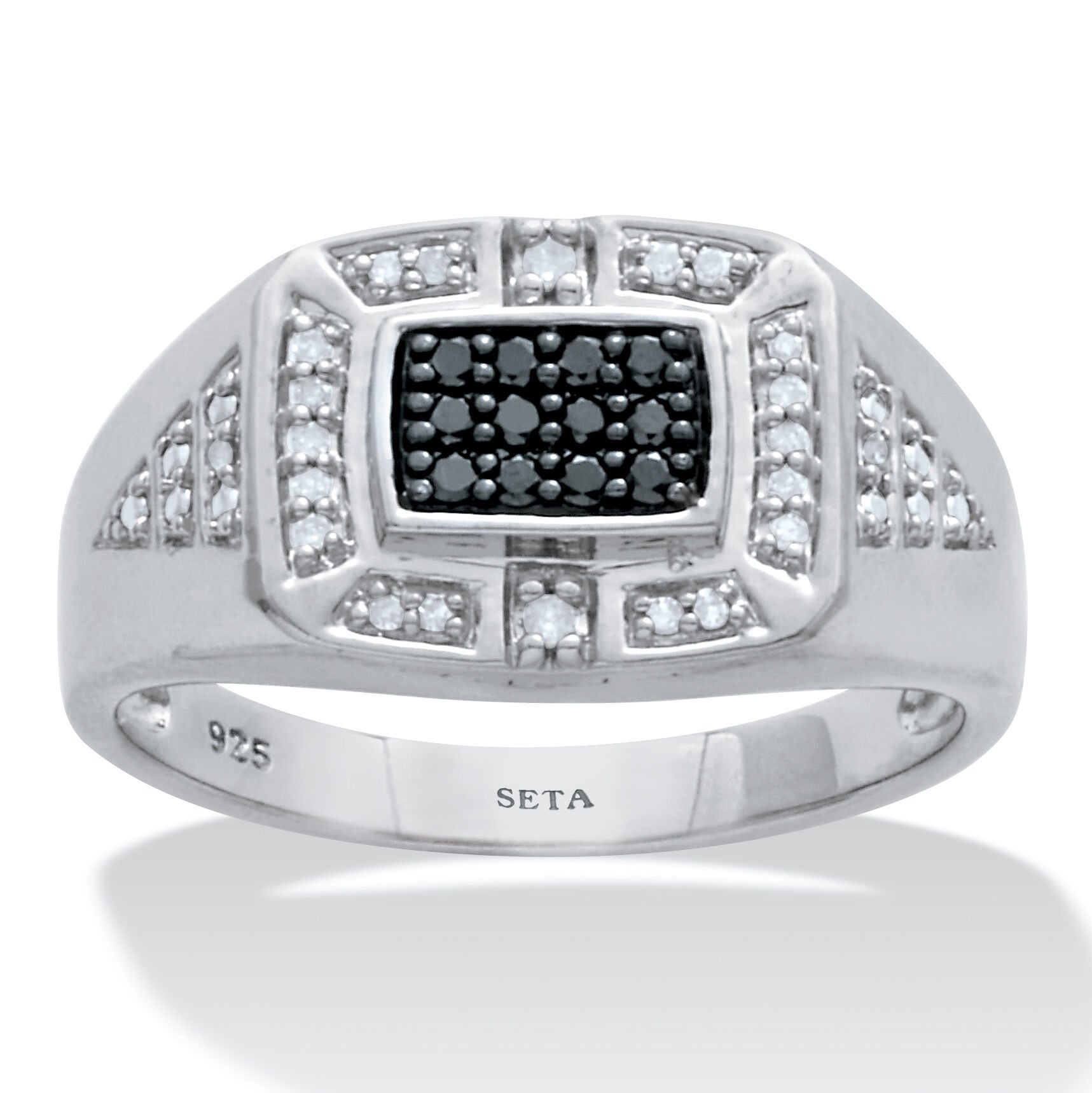Men's .2 TCW Platinum Over Sterling Silver Black and White Diamond Square Ring, BLACK, hi-res image number 0