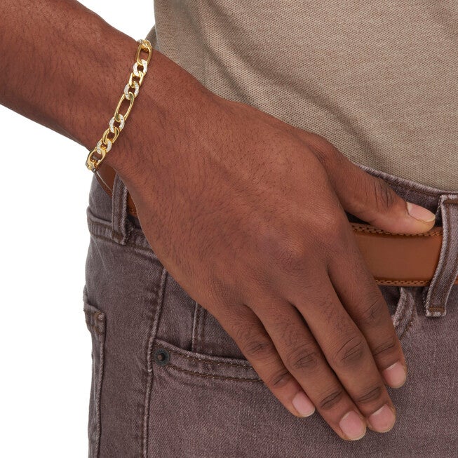 Men's Diamond Accent Pave-Style Gold-Plated Figaro-Link Bracelet 8.5 inches, WHITE, alternate image number 4