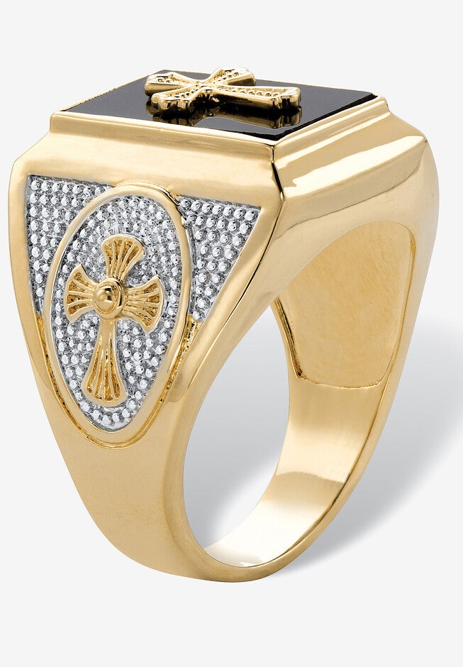Men'S Yellow Gold-Plated Natural Black Onyx Textured Cross Ring, , on-hover image number null