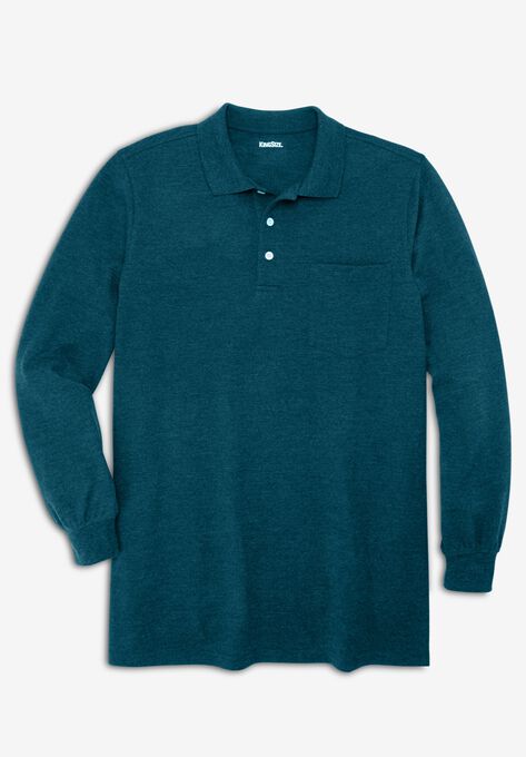 Longer-Length Long-Sleeve Piqué Polo, HEATHER MIDNIGHT TEAL, hi-res image number null