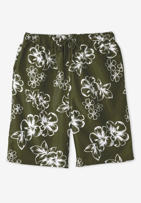 Hibiscus Print Swim Trunks, OLIVE GREEN, hi-res image number null