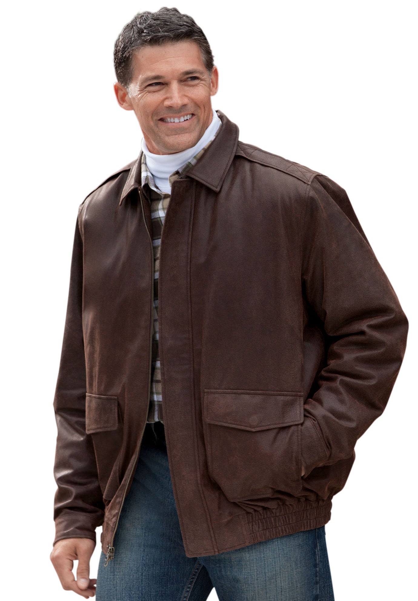 Leather Aviator Bomber, BLACK, on-hover image number 1