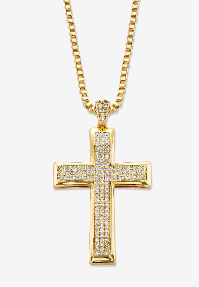 Yellow Gold Plated Cubic Zirconia Studded Cross Pendant with 24 inches Chain, GOLD, hi-res image number null