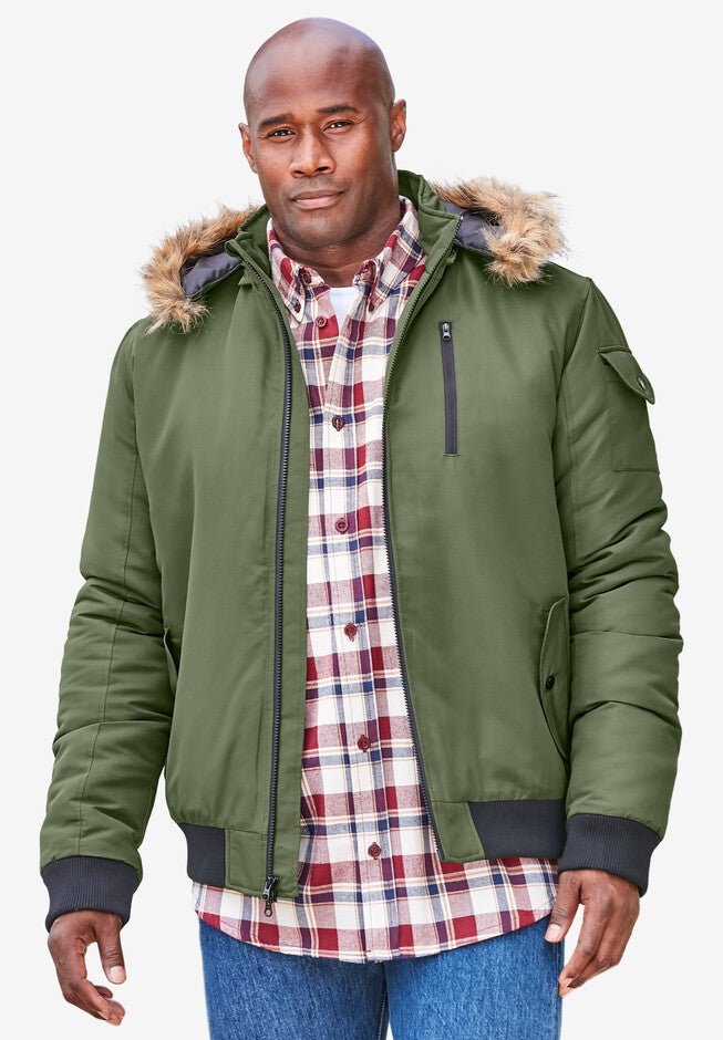 Totes® Fur Hood Bomber Jacket, OLIVE GREEN, hi-res image number 0