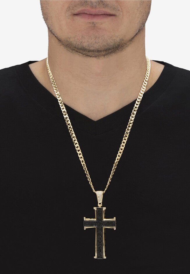 Men'S Yellow Gold Ion Plated Stainless Black Crystal Cross Pendant 24 inches Chain, , alternate image number null