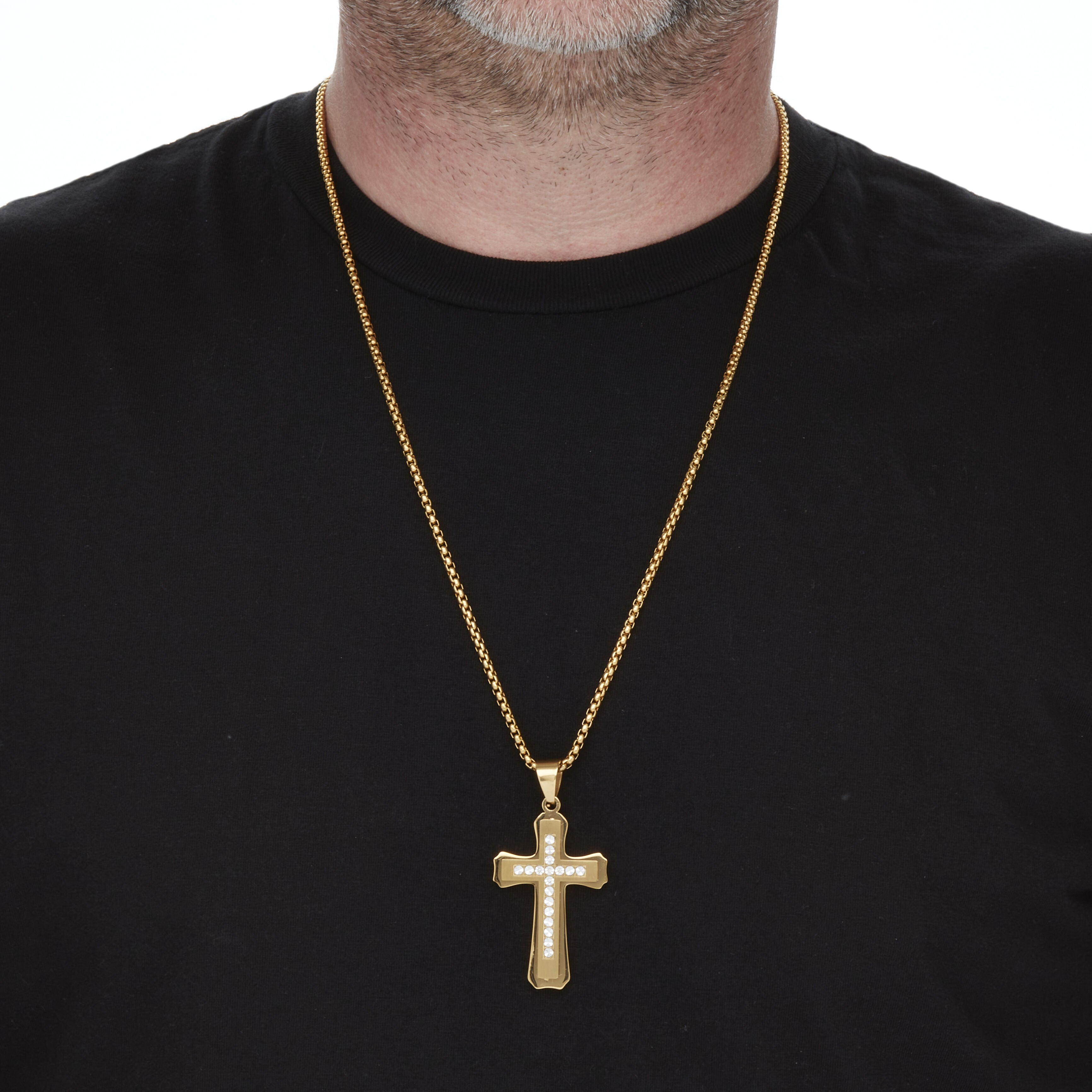 Men's Crystal Gold Ion-Plated Stainless Steel Cross Pendant Necklace Set 26 Inch, WHITE, alternate image number 3